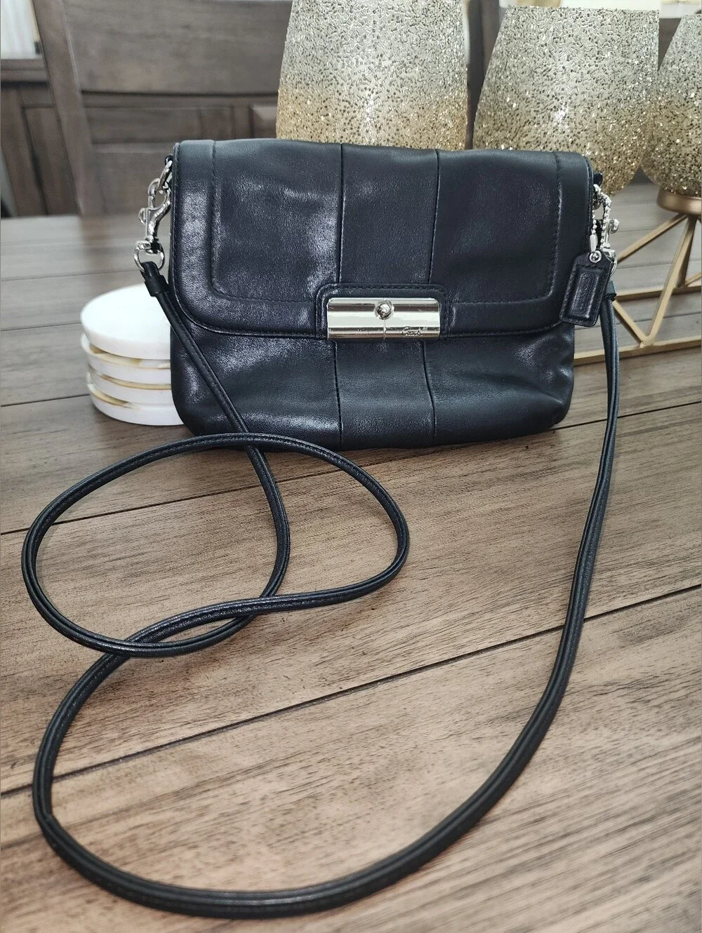 Coach Small Black Leather Crossbody with Silver Hardware